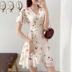Hnewly Women's Ivory Wrap Dress with Cherry Print & Short Flutter Sleeves