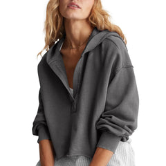 Hnewly Classic Fashion Solid Color V-Neck Long Sleeved Loose Pullover Hooded Basic Casual And Versatile Short Sweatshirt Top For Girl