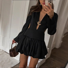 Hnewly Sexy Hollow Pleated Dress Women Backless Fashion Long Sleeve Mini Dress Slim High Waist Female Elegant Party Dress Autumn