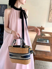 Hnewly French Pink Sleeveless Bow Neck Sleeveless Strap Dress for Women Even Party Korean Y2k Mini Dress Office Lady Summer Elegant