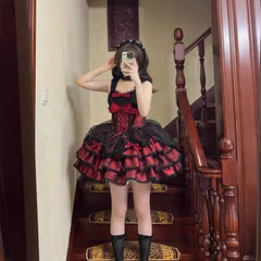 Hnewly Gothic Lolita Y2k Dress Women Vintage Victorian Harajuku Bow Lace Bandage Party Dresses Spice Girls Sleeveless Cos Vestidos