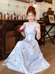 Hnewly Stripe Print Halter Neck Dress Women Summer Sexy Backless Bow Female Midi Dress Y2K Sweet Lace Patchwork Midi Vestidos Mujer