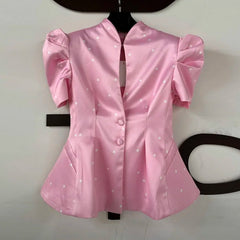 Hnewly Elegant Polk Dot Women's Shirt Hollow Out Short Puffed Sleeve Stand Collar Single-Breasted Blazer Summer Fashion Female Top
