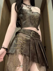 Hnewly Retro Fashion Spicy Girl Style Leather Halter TopTank Top Irregular Slimming Short Skirt Set Summer Two Piece Set Women Outfits