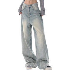 Hnewly Women Korean Style Jeans High Waist Washed Wide Leg Pants Fashion High Street Loose Retro Blue Light Blue Denim Trousers