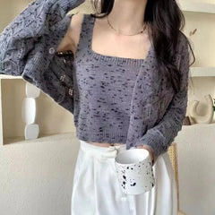 Hnewly Two Piece Sets Womens Outifits Autumn New Knitwear Cropped Cardigans + Tanks Simple All-match Korean Style Ins Young Girls Solid