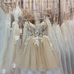 Hnewly Elegant Lace Appliques Short Prom Dress Spaghetti Straps Tulle Formal Party Graduation Evening Gown With Feather formal dress