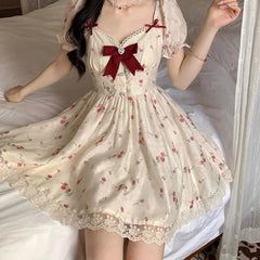 Hnewly DRESS TO IMPRESS Coquette Lace Trim Bowknot Mini Dress Women Sweetheart Puff Sleeves Ruffle Floral Princess Lolita OP Summer Clothes