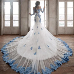 Hnewly Light Blue Mermaid Long Wedding Dresses with Sleeves Applique Lace Chapel Train Customsized Beach Garden Bridal Gown Outfit