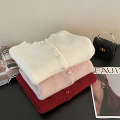 Hnewly Sweet Ruffles Women Cardigan Autumn New Solid Single-Breasted Crop Sweater Korean Fashion Simple Elegant Knit Coats Mujer