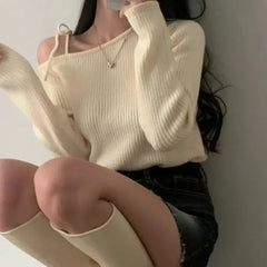 Hnewly Slanted Collar Tied Irregular Pullover Women's Long Sleeved Knitted Tops Autumn Winter Korean Fashion Red Retro Sweaters