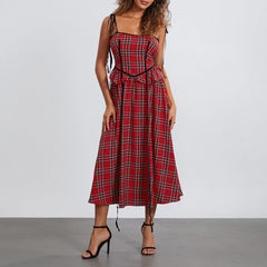 Hnewly Women's Christmas Red Plaid Print Aesthetic Long Dress Elegant Flowy A Line Ruffle Dresses Cute Xmas Holiday Party Dress