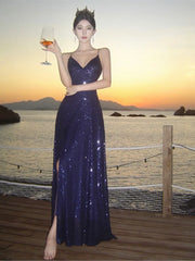 Hnewly Elegant Sequin Backless V-neck Split Dress Women Autumn Sexy Slim Evening Gown A-line Bandage Fashion Birthday Party Luxury Robe