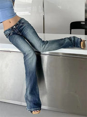 Hnewly Women's Low Waisted Micro Flared Narrow Jeans Summer New Casual Slim Retro Blue Denim Pants Female Sexy Bell-bottoms Trousers