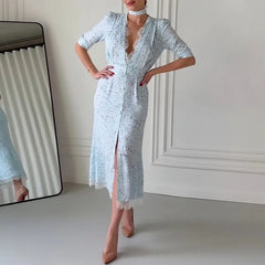 Lunivop Chic Lace Trimmed Printed Dress Women Elegant Deep V-neck Waist Cinching Split Short Sleeve Maxi Dress Lady Party Vestidos