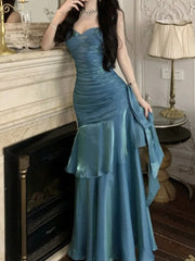 Hnewly Women Elegant Spaghetti Straps Ruffles Graduation Party Dress Slim Waist Wedding Bridesmaid Dresses Festival Formal Clothes New