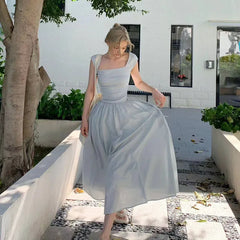 Hnewly Elegant Stitching Dress Female Korean Chic Square Collar Short Sleeve Beach Party Dress Ladies High Waist All-Match A Line Dress