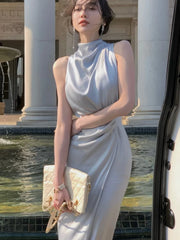 Hnewly Women Summer Halter Satin Midi Party Dress Sleeveless Bodycon Slim Casual Solid Birthday Vestidos Female One Pieces Fashion Robe