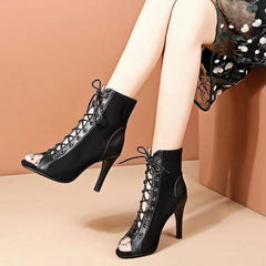 Hnewly Lace-Up Sandals Heels 9CM Women's Shoes Summer Trend Black Sexy Peep Toe Boots Fashion Cloth Stilettos Jazz Dance Female