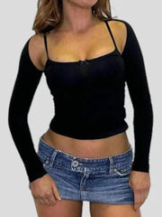 Hnewly Solid Lace Trim Cami Smock Two Piece Long Sleeve Tee