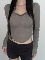 Hnewly Lace Bow Contrast Ribbed Top