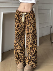 Hnewly - outfit ideas Leopard Velvet Women Loose Long Pants Bow Y2k Retro Fashion Chic Warm Autumn New Trousers Design Street Style