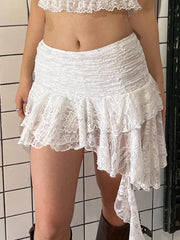 Hnewly - summer inspo Asymmetrical Hem Lining Boho Vacation Lace Skirt Women