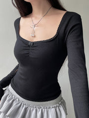 Hnewly - summer inspo Korean Fashion Shirring Bow Square Collar Slim Long Sleeve Black T Shirt Women White Solid Basic Cute Japanese Top Tee