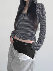 Hnewly - summer inspo Casual Striped Breasted Long Sleeve Hooded T-Shirts Women Design Slim Fit Simple Fashion Blouses