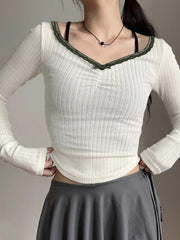 Hnewly Lace Bow Contrast Ribbed Top