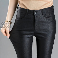 Autumn Winter Warm Womenâs Pants Female Pu Leather Velvet Trousers Elastic Pencil Skinny Tight