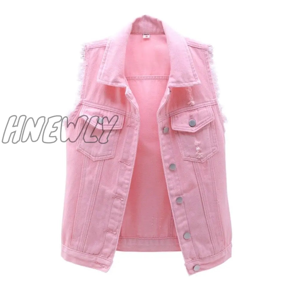 Autumn Women Plus Size Denim Vest Sleeveless Waistcoat Students Casual Tops Jeans Jackets Red Pink