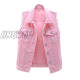 Autumn Women Plus Size Denim Vest Sleeveless Waistcoat Students Casual Tops Jeans Jackets Red Pink