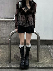 Hnewly - Y2k Retro Leopard Lace Trim V-Neck Blouses Women Velvet Long Sleeve Chic T-Shirt Trendy Clothes Autumn New