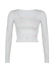 Hnewly Bow Splice Square Neck Long Sleeve Tee