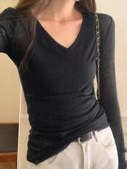 Hnewly Ribbed V Neck Slim Long Sleeve Knit