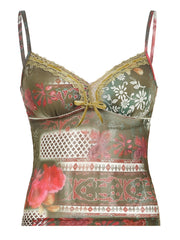 Hnewly - summer inspo Plant And Floral Print Vintage Y2K Aesthetic Mesh Camisole Women Tie Lace Trim Cute Kawaii Clothes
