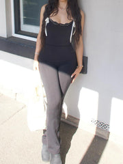 Hnewly - summer inspo Black Solid Sleeveless Skinny Sexy Flared Jumpsuits Women Lace Trim Tie Bow Cute Sweet Y2K Slip Rompers