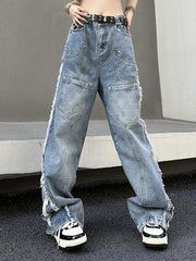 Hnewly - Vintage Multi Pocket Side Raw Trim Cargo Jeans ddbos-shop