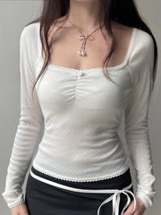 Hnewly - summer inspo Korean Fashion Shirring Bow Square Collar Slim Long Sleeve Black T Shirt Women White Solid Basic Cute Japanese Top Tee