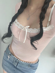 Hnewly - summer inspo Balletcore Sweet Y2K Tie Lace Trim Square Collar Pink T-Shirt Women Short Sleeve 2000s Cute Kawaii Clothes
