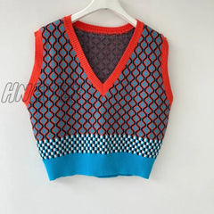Chic Vintage Argyle Sweater Vest For Women Autumn Winter Pullover Knitted Sleeveless Jecket Gilet