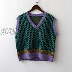 Chic Vintage Argyle Sweater Vest For Women Autumn Winter Pullover Knitted Sleeveless Jecket Gilet