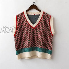 Chic Vintage Argyle Sweater Vest For Women Autumn Winter Pullover Knitted Sleeveless Jecket Gilet