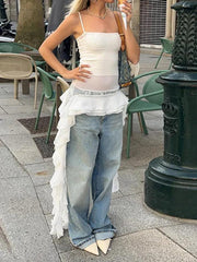 Hnewly Lace Splice Irregular Ruffled Hem Cami Top