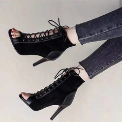Hnewly Lace-Up Sandals Heels 9CM Women's Shoes Summer Trend Black Sexy Peep Toe Boots Fashion Cloth Stilettos Jazz Dance Female