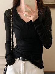 Hnewly Ribbed V Neck Slim Long Sleeve Knit