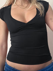 Hnewly - summer inspo Black Solid Slim Elegant Basic Short Sleeve Tees Lace Trim Cute Y2K V Neck White T Shirts Women Summer Streetwear Tops