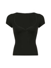 Hnewly - summer inspo Black Solid Slim Elegant Basic Short Sleeve Tees Lace Trim Cute Y2K V Neck White T Shirts Women Summer Streetwear Tops