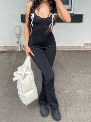 Hnewly - summer inspo Black Solid Sleeveless Skinny Sexy Flared Jumpsuits Women Lace Trim Tie Bow Cute Sweet Y2K Slip Rompers